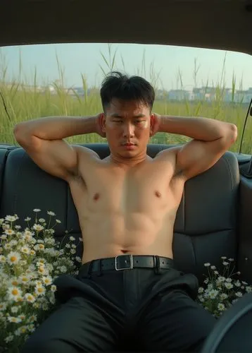 a soaking sweaty masculine average handsome hairy stocky Vietnamese young daddy with fluffy belly and short hair sit in the backseat of a car, arms are lift to show his sweaty armpits, he is very horn