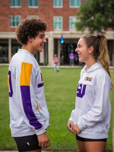 Create a dialogue between two friends discussing their favorite activities at LSU UREC and the fun they have together.,long-sleeve,sports uniform,couple goal,volleyball,sports jersey,young couple,voll