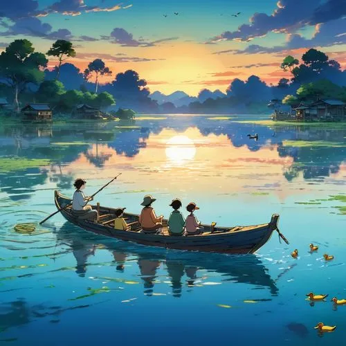 boat landscape,youliang,row boat,fishermen,sampan,paper boat,canoeing,romantic scene,ghibli,nasmith,dragon boat,vietnam,backwaters,rowboats,canoes,evening lake,hoang,inle,row boats,studio ghibli,Illustration,Japanese style,Japanese Style 03