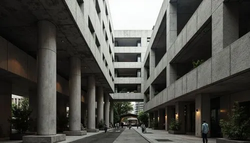 Exposed concrete columns, rugged stone walls, brutalist architecture, fortress-like structures, angular geometries, raw unfinished textures, industrial aesthetic, reinforced steel beams, cantilevered 