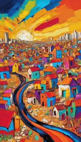 colorful city,cusco,khokhloma painting,albuquerque,pueblo,saturated colors,urbanization,ulaanbaatar,human settlement,bedouin,color fields,yerevan,colorfull,ankara,slum,ulaanbaatar eastern,ulaanbaatar western,vibrant color,city highway,valparaiso,Conceptual Art,Oil color,Oil Color 21