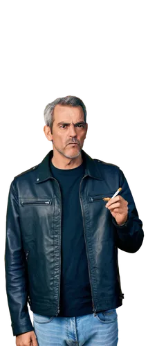 Smoking man, mature adult, serious expression, furrowed eyebrows, leather jacket, black shirt, jeans, cigarette in mouth, smoke surrounding face, dim lighting, shallow depth of field, realistic textur