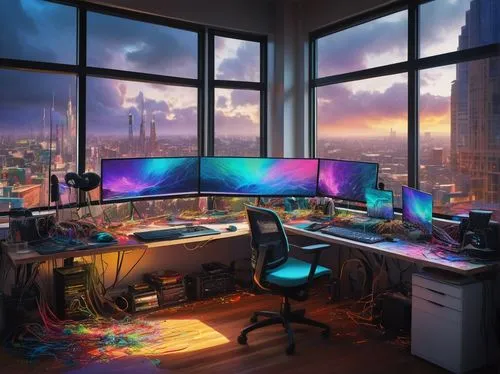 AI art editor, futuristic desk setup, ergonomic chair, modern studio, multiple monitors, colorful wires, sleek keyboard, advanced mouse, creative messy workspace, inspirational art pieces on walls, ci