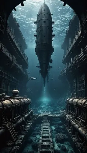 undersea,sunken ship,submarines,atlantis,submersibles,submersible,submarino,deep sea,battlecruisers,submariners,deep sea diving,britannic,shipwrecks,barotrauma,deep ocean,bathyscaphe,bathysphere,waterworld,underwater background,undock,Conceptual Art,Fantasy,Fantasy 33