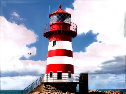 Lighthouse, seaside, towering structure, white and red stripes, lantern room, glass windows, spiral staircase, rusty metal door, intricate stonework, waves crashing, seagulls flying, sunny day, dramat