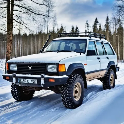 Create me an illustration of a car from the 1990s prepared for the territory of Finland, both for snow, mud and difficult terrain.,jeep comanche,jeep cherokee (xj),isuzu trooper,tatra 87,six-wheel dri