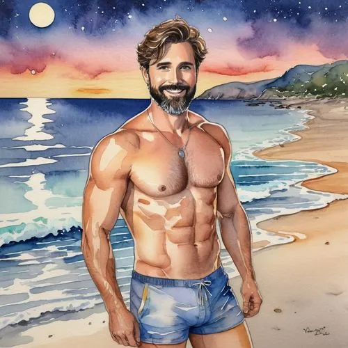 man at the sea,el mar,aquaman,merman,rio serrano,ryan navion,beach background,poseidon,alejandro vergara blanco,watercolor background,italian painter,male model,watercolor,uomo vitruviano,joe iurato,lavezzi isles,male elf,danila bagrov,watercolor painting,felipe bueno,Illustration,Paper based,Paper Based 25