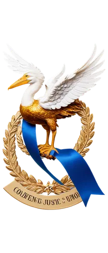 Louisiana state symbol, golden pelican, outstretched wings, majestic posture, detailed feathers, brown beak, blue and white plumage, circular badge, seven stars, ribbon wrapped around, "Union Justice 