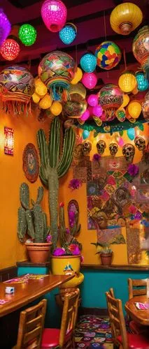 Vibrant Mexican restaurant, colorful tiles, rustic wooden tables, woven straw chairs, sombreros hanging from ceiling, piñatas in corners, lively mariachi music, warm yellow lighting, festive papel pic