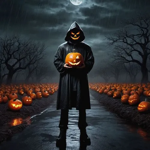 imagine Halloween themed poster, a man with a pumpkin mask standing in the middle of nowhere at night, rain, dim, horrorcore aesthetic --ar 3:4 --niji 5 --stylize 150,a man wearing a hoody standing in