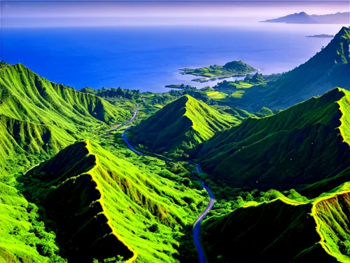 Flores island, map view, green lush vegetation, rugged terrain, winding roads, traditional villages, thatched roofs, coconut trees, volcanic mountains, misty atmosphere, soft morning light, panoramic 