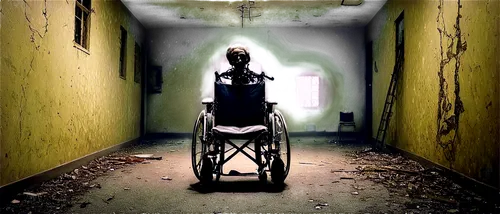 wheelchair,asylum,the physically disabled,motorized wheelchair,the morgue,paraplegic,nursing home,disability,photo manipulation,disabled person,wheelchair racing,patient,therapy room,abandon,scared woman,girl with a wheel,photomanipulation,photoshop manipulation,creepy doorway,floating wheelchair,Art,Artistic Painting,Artistic Painting 32