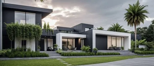 luxury home outside modern home matte black and white with plants,modern house,landscape design sydney,3d rendering,landscape designers sydney,fresnaye,garden design sydney,modern architecture,luxury 