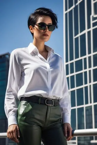 Modern architect, design strategies, holding blueprints, standing, urban skyscraper, cityscape, sunny day, bright natural light, reflective sunglasses, short black hair, white shirt, dark trousers, le