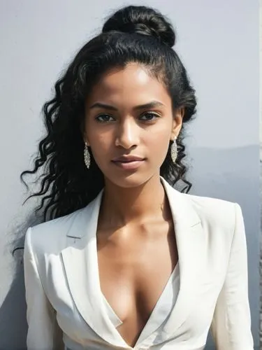 Full-size sample portrait,a woman wearing a white shirt and earrings posing,matangi,thahane,freema,rajakumari,nirvikalpa,eritrean,Photography,Black and white photography,Black and White Photography 05