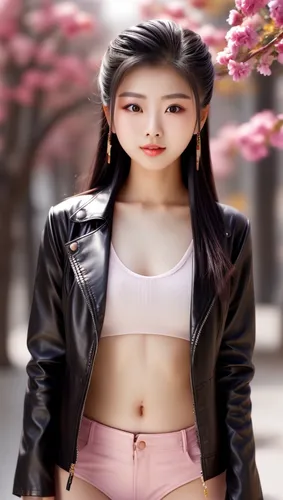 A beautiful 19 years old asian girl  G cup  wearing black leather jacket standing on the big city,spring background,japanese sakura background,sakura background,flower background,3d background,spring 