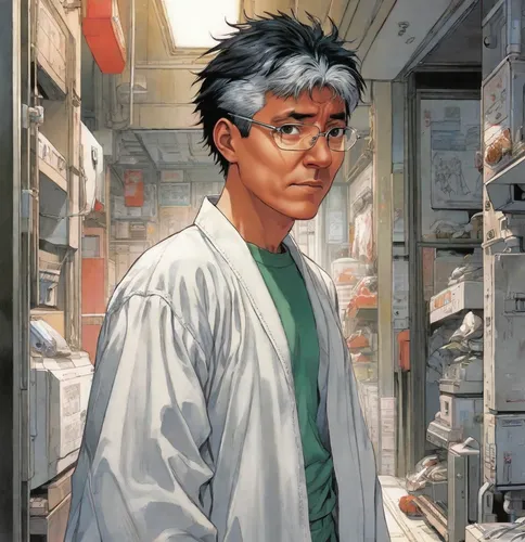 theoretician physician,cartoon doctor,biologist,scientist,pharmacist,pharmacy,chemist,medical illustration,researcher,umiuchiwa,physician,jin deui,yukio,2d,sci fiction illustration,microbiologist,doct