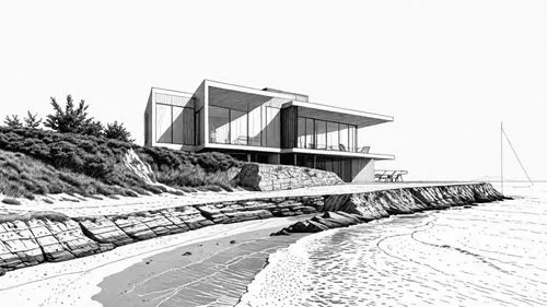 this is a black and white drawing of a house at the beach,sketchup,revit,3d rendering,dunes house,beach house,renderings,Design Sketch,Design Sketch,Detailed Outline