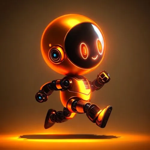 cute metallic orange robot, with luminescent eyes, running. Videogame 3D rendering style. High contrast, dramatic light, side view.,molten,cinema 4d,firedancer,3d figure,disco,3d render,3d man,3d mode