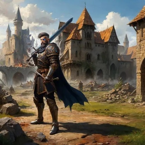 Warrior in full plate armor with a great-sword standing infront of a destroyed medieval village in the style of an acrylic painting,castleguard,knight village,medieval,paladin,bach knights castle,temp