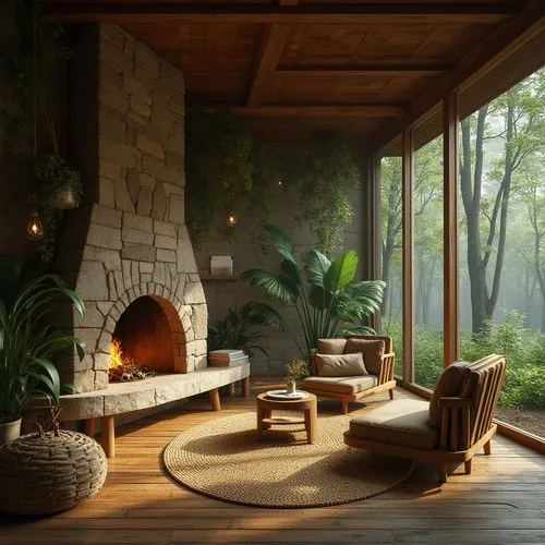 sunroom,fireplaces,fireplace,fire place,mid century modern,living room,livingroom,log home,family room,fireside,mid century house,beautiful home,wooden beams,front porch,summer house,forest house,sitting room,interior design,rustic aesthetic,interior modern design,Photography,General,Realistic