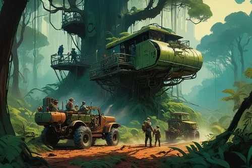 logging truck,forest workers,explorers,yavin,lucasarts,overland,game illustration,oddworld,sci fiction illustration,mining excavator,ecotopia,treehouse,endor,forest work,wildstar,forest workplace,excavators,adventurers,rainforests,green train