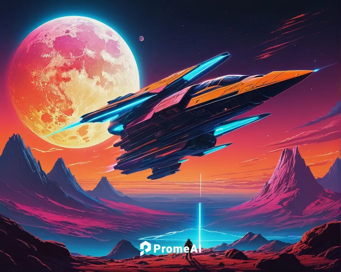 Una batalla aeroespacial. Los colores son anaranjados y azules. Estilo de dibujo Retro Sci-Fi. Estilo de dibujo Synthwave.,gradius,space art,space ships,meteor,futuristic landscape,extrasolar,space vo