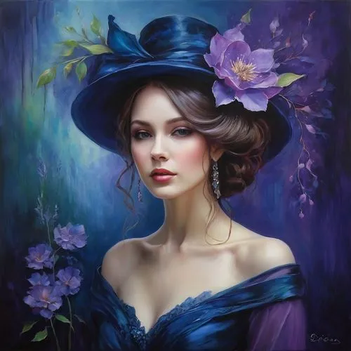 purple rose,violette,blue rose,milliner,millinery,beautiful bonnet,Illustration,Realistic Fantasy,Realistic Fantasy 30