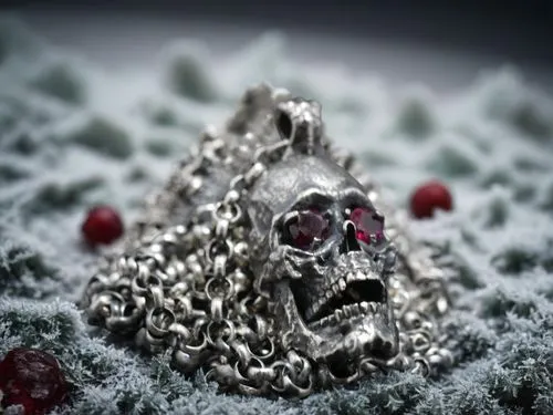 grave jewelry,diamond pendant,skull sculpture,metal pile,a drop of blood,skull with crown,hamsa,house jewelry,ring with ornament,chain mail,vanitas,death's head,memento mori,cochineal,gift of jewelry,