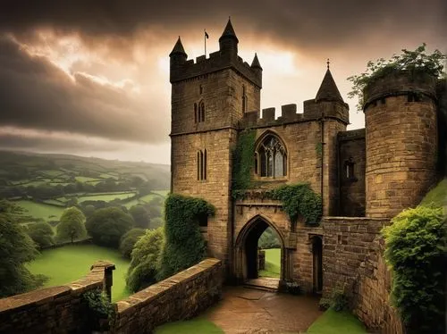 Clitheroe Castle, medieval architectural style, grand stone walls, tall spires, Gothic windows, majestic entrance gates, intricate carvings, ornate door handles, lush greenery surrounding, misty morni