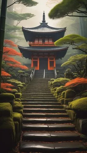 Kyoto-style architecture, traditional Japanese, temple, vermilion gates, curved roofs, golden accents, intricate carvings, serene atmosphere, moss-covered stone steps, bamboo forests, misty morning, w