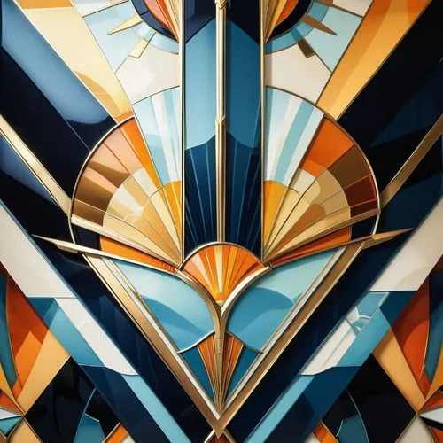 High-contrast, saturated Art Deco wallpaper, glossy finish, geometric patterns, sleek lines, metallic accents, stylized sunbursts, intricate ornamentation, luminous, streamlined forms, contrast of sha