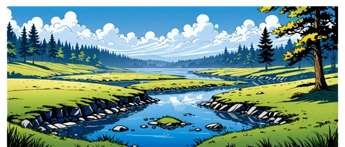 salt meadow landscape,swampy landscape,streamside,flowing creek,headwaters,swamps,mountain stream,river pines,brook landscape,streams,cartoon forest,river landscape,watersheds,mountain river,downstream,forest lake,a river,woodring,spruce forest,streambank,Illustration,American Style,American Style 13