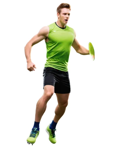 Ultimate frisbee player, 3D render, dynamic pose, athletic build, muscular arms, sporty outfit, neon green jersey, white shorts, sneakers, sweat droplets, flying disc, motion blur, stadium background,