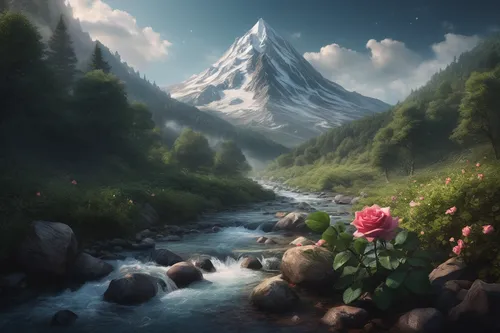 Write a dreamy scene featuring a solitary landscape rose growing by a bubbling mountain stream.,fantasy landscape,mountain landscape,mountain scene,mountain world,matterhorn,mountainous landscape,land