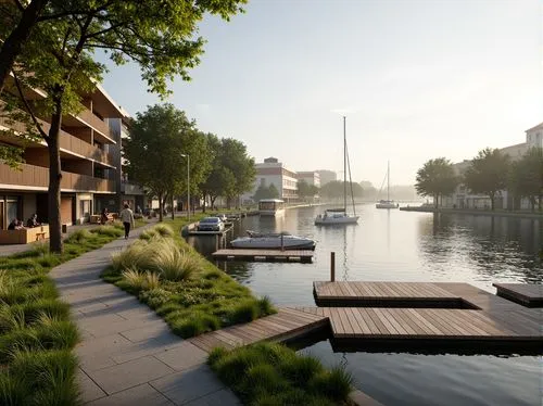 Riverbank promenade, serene waterfront, lush greenery, winding walking paths, wooden docks, sailboats, rippling water effects, misty morning atmosphere, soft warm lighting, shallow depth of field, 3/4