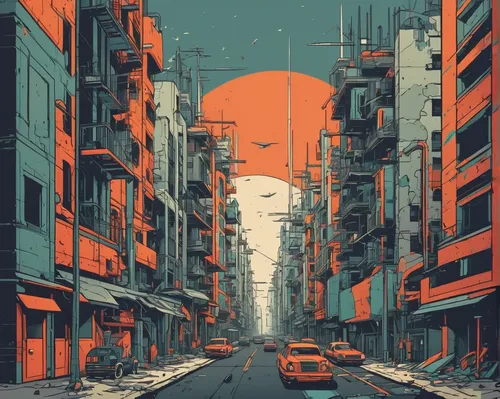 Construct a dystopian world with crumbling buildings and polluted skies.,tokyo,tokyo city,taipei,kyoto,hanoi,shanghai,hong kong,tokyo ¡¡,osaka,busan,shinjuku,japan,bangkok,barcelona,orange sky,citysca