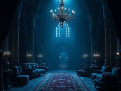 haunted cathedral,gothic church,hall of the fallen,ornate room,the throne,cathedral,black church,the black church,blue room,sanctuary,empty interior,throne,transept,crypt,sacristy,royal interior,nidaros cathedral,ecclesiatical,chapel,aisle,Photography,General,Realistic