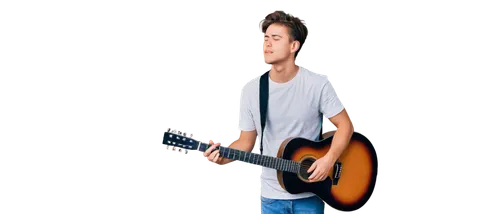 Man, young adult, worship leader, solo, brown hair, messy hairstyle, casual wear, white T-shirt, jeans, sneakers, acoustic guitar, mic in hand, closed eyes, peaceful expression, soft lighting, 3/4 com