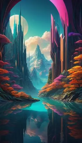 futuristic landscape,fantasy landscape,virtual landscape,3d fantasy,alien world,alien planet,lagoon,lunar landscape,desert landscape,world digital painting,valley of the moon,vast,mountain world,barren,mushroom landscape,acid lake,fractal environment,dune landscape,canyon,landscape background,Art,Artistic Painting,Artistic Painting 34