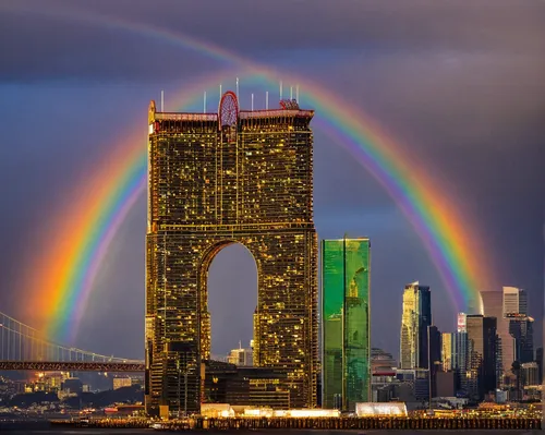 rainbow bridge,double rainbow,tribute in light,golden bridge,brooklyn bridge,1wtc,1 wtc,one world trade center,newyork,new york,rainbow,world trade center,raimbow,basil's cathedral,rainbow jazz silhouettes,george washington bridge,pot of gold,twin tower,manhattan bridge,manhattan,Illustration,Realistic Fantasy,Realistic Fantasy 33