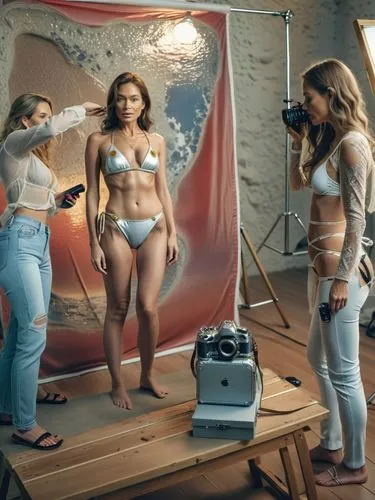 A model in a bikini is being prepared for her next photo shoot.,three beautiful women in underwear with cameras,objectification,body painting,objectifying,serebro,rexona,video scene,Photography,Genera