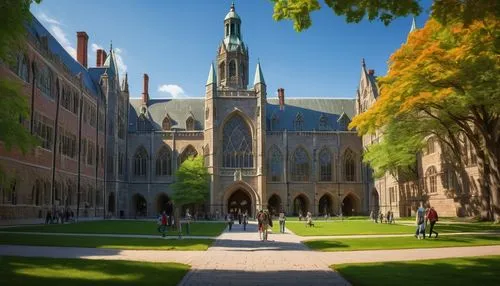 Modern university campus, prestigious architecture, grand entrance gate, sprawling green lawn, tall trees, walking paths, Harvard University inspired, Gothic style buildings, stone walls, stained glas