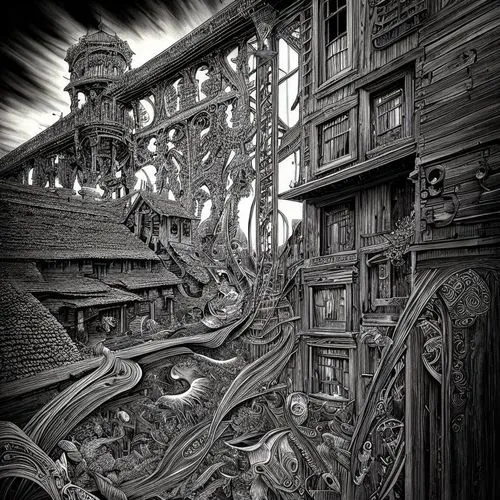 piranesi,woodring,escher,escher village,witch's house,labyrinths,schuitema,sci fiction illustration,labyrinth,brodsky,schuiten,book illustration,rookery,ravenloft,innsmouth,wooden houses,intricacy,lab