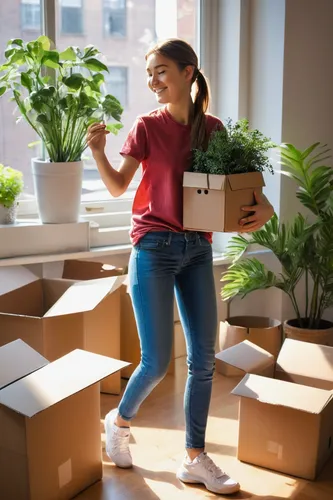 1girl, step-sister, moving boxes, casual clothing, jeans, t-shirt, sneakers, ponytail, smiling, helpful gesture, apartment interior, cardboard boxes, sofa, bookshelf, plants, sunlight through window, 