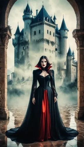 gothic woman,gothic portrait,fantasy picture,vampire woman,queen of hearts,castle of the corvin,haunted castle,dracula,gothic fashion,castles,vampire lady,fantasy art,red cape,ghost castle,sorceress,heroic fantasy,gothic style,castel,fairy tale castle,gothic,Photography,Artistic Photography,Artistic Photography 07