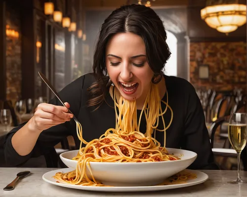 Write a humorous scene where Laura Catalano accidentally spills spaghetti all over herself at a fancy restaurant.,spaghetti alla puttanesca,italian pasta,pasta,strozzapreti,spaguetti,restaurants onlin