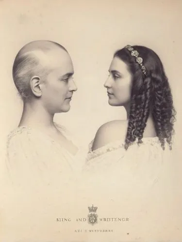 King and Queen of Württemberg as high-resolution art portrait photography in black and white. The king is bald and wears a full white beard.,a couple of women wearing hairs with one woman holding the 