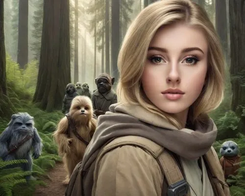 cg artwork,fantasy portrait,fantasy picture,cartoon forest,princess leia,starwars,forest animals,jedi,woodland animals,solo,fantasy art,star wars,world digital painting,fairy tale icons,sci fiction illustration,star wood,ursa,portrait background,chewy,photoshop manipulation,Photography,Realistic