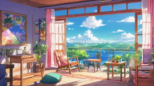 sunroom,studio ghibli,sky apartment,dreamhouse,bedroom window,windows wallpaper,big window,summer day,ghibli,window to the world,window sill,arrietty,idyllic,windows,houseboat,watercolor cafe,study room,background design,summer background,aqua studio,Illustration,Japanese style,Japanese Style 03